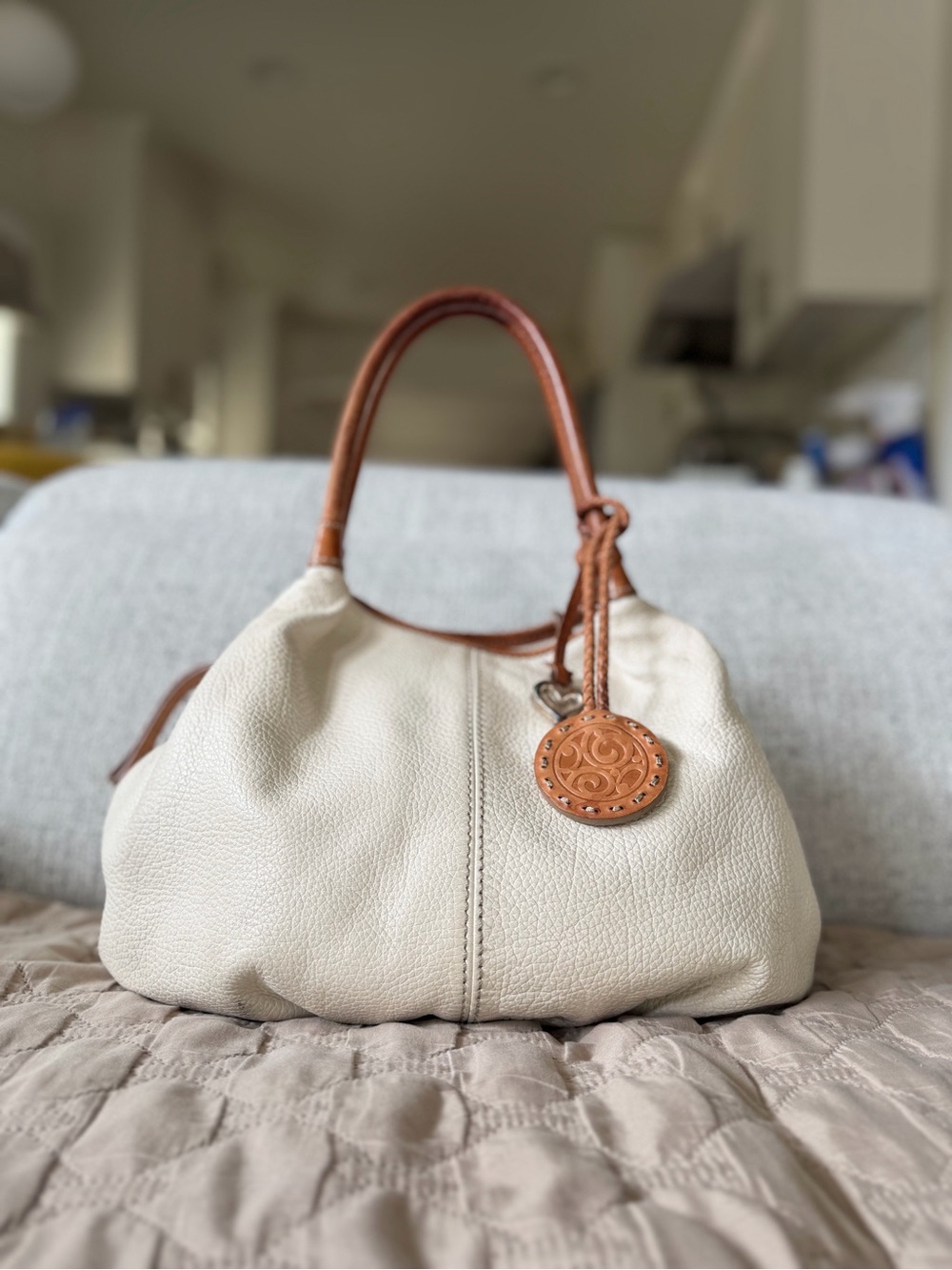 Brighton Tatum Cream Leather Shoulder Bag with brown Trim
